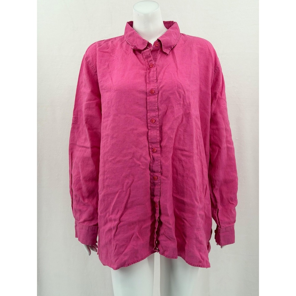 Kim Rogers Sport Top Womens 3X Pink 100% Linen Button Up Long Sleeve Mature